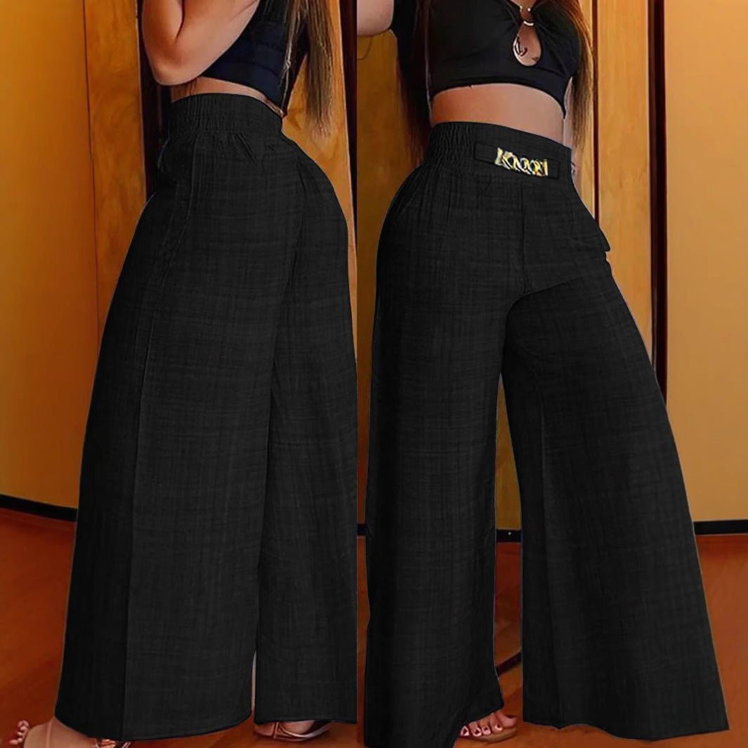 Women's high-waist drapey wide-leg casual pants with elastic drawstring in five colors, stylish and comfortable for everyday wear.