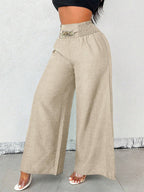 Women's high-waist drapey wide-leg casual pants with elastic drawstring in five colors by Plush Fashion Hub.