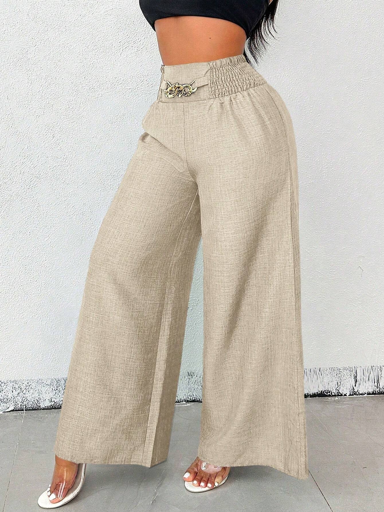 Women's high-waist drapey wide-leg casual pants with elastic drawstring in five colors by Plush Fashion Hub.