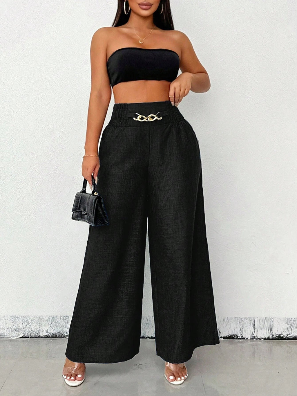 Women's high-waist drapey wide-leg casual pants with elastic drawstring in five colors, from Plush Fashion Hub.