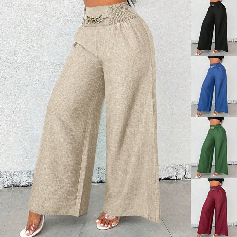 Women's high-waist drapey wide-leg casual pants with elastic drawstring in five colors from Plush Fashion Hub