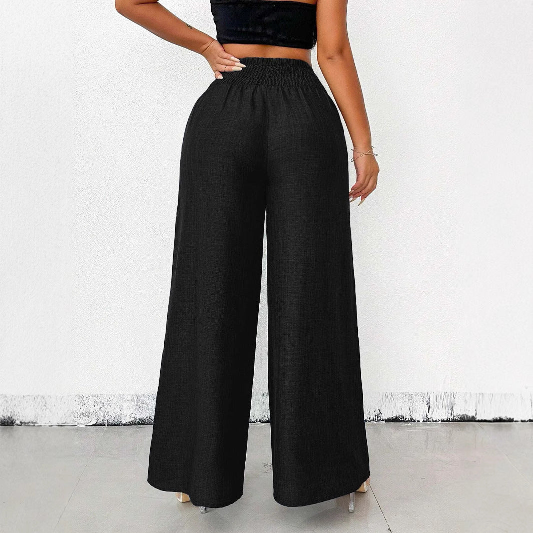 Women's high-waist drapey wide-leg casual pants with elastic drawstring in five colors, stylish and comfortable for everyday wear.
