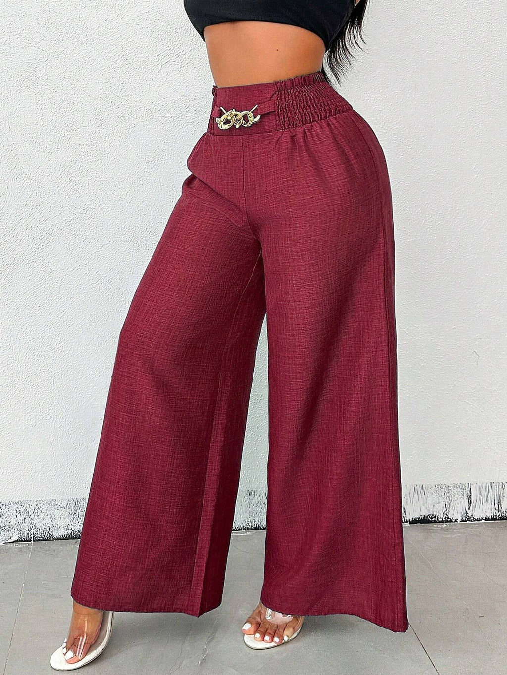 Women's high-waist drapey wide-leg casual pants with elastic drawstring in five colors, from Plush Fashion Hub.