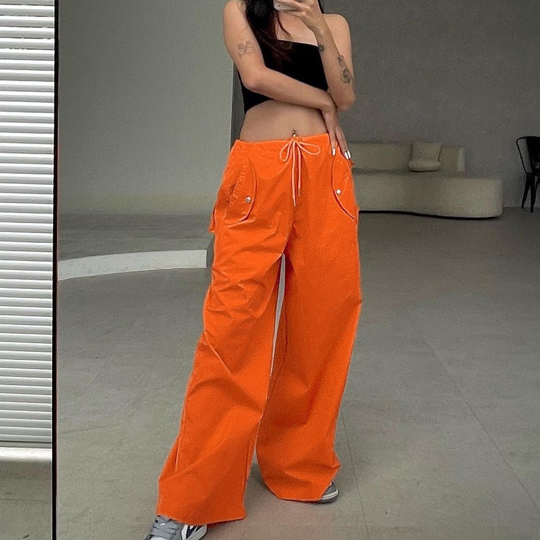 Women's high-waist lace-up straight-leg cargo pants in loose fit, casualwear by Plush Fashion Hub, shown styled for casual everyday wear.