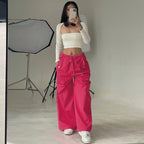 Women's high-waist lace-up straight-leg cargo pants in a loose fit, casualwear style by Plush Fashion Hub.