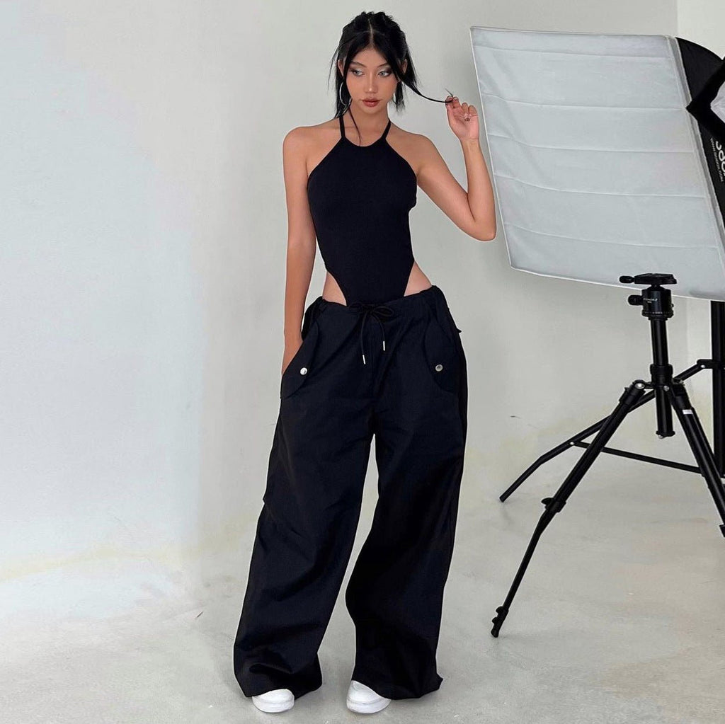 Women’s high-waist lace-up straight-leg cargo pants in loose fit, casualwear by Plush Fashion Hub, shown in neutral color with functional pockets.