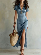 Women's high-waist slim-fit slit maxi dress by Plush Fashion Hub, showcasing a casualwear style with flowing fabric and side slit detail.