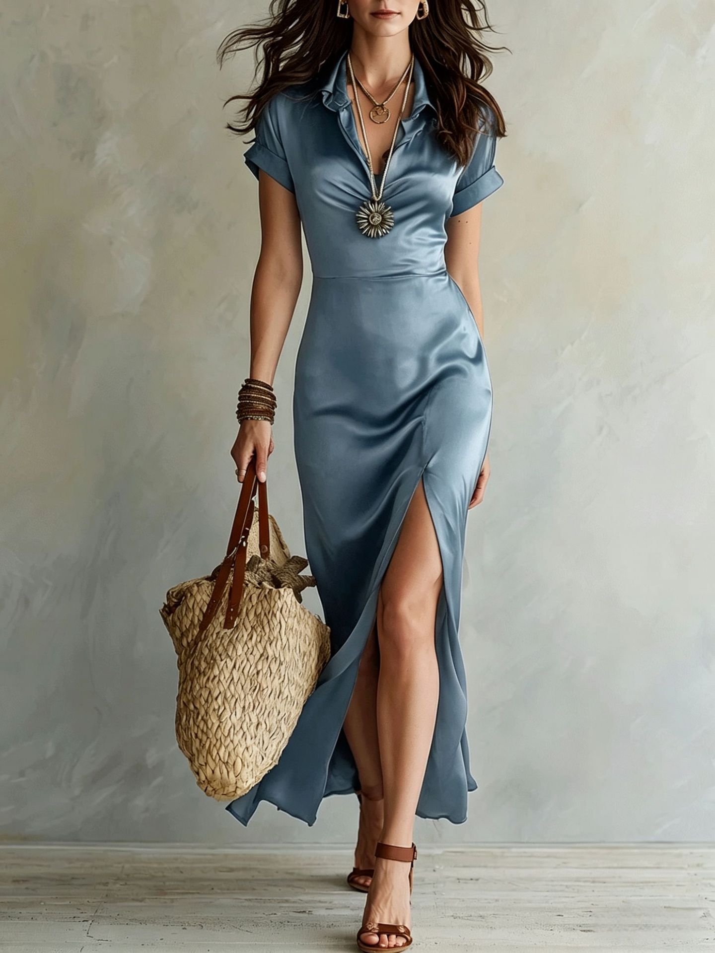 Women's high-waist slim-fit slit maxi dress by Plush Fashion Hub, showcasing a casualwear style with flowing fabric and side slit detail.