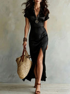 Women's high-waist slim-fit slit maxi dress by Plush Fashion Hub, casualwear style with elegant flowing fabric and side slit detail.