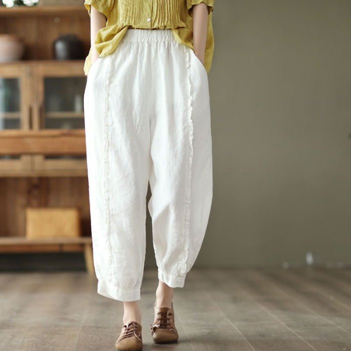 Women's high-waist solid-color harem capri pants by Plush Fashion Hub, casualwear with a relaxed fit and comfortable design.