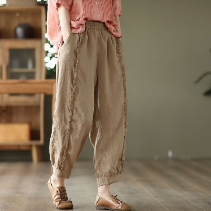 Women's high-waist solid-color harem capri pants by Plush Fashion Hub, casualwear with relaxed fit and comfortable style.