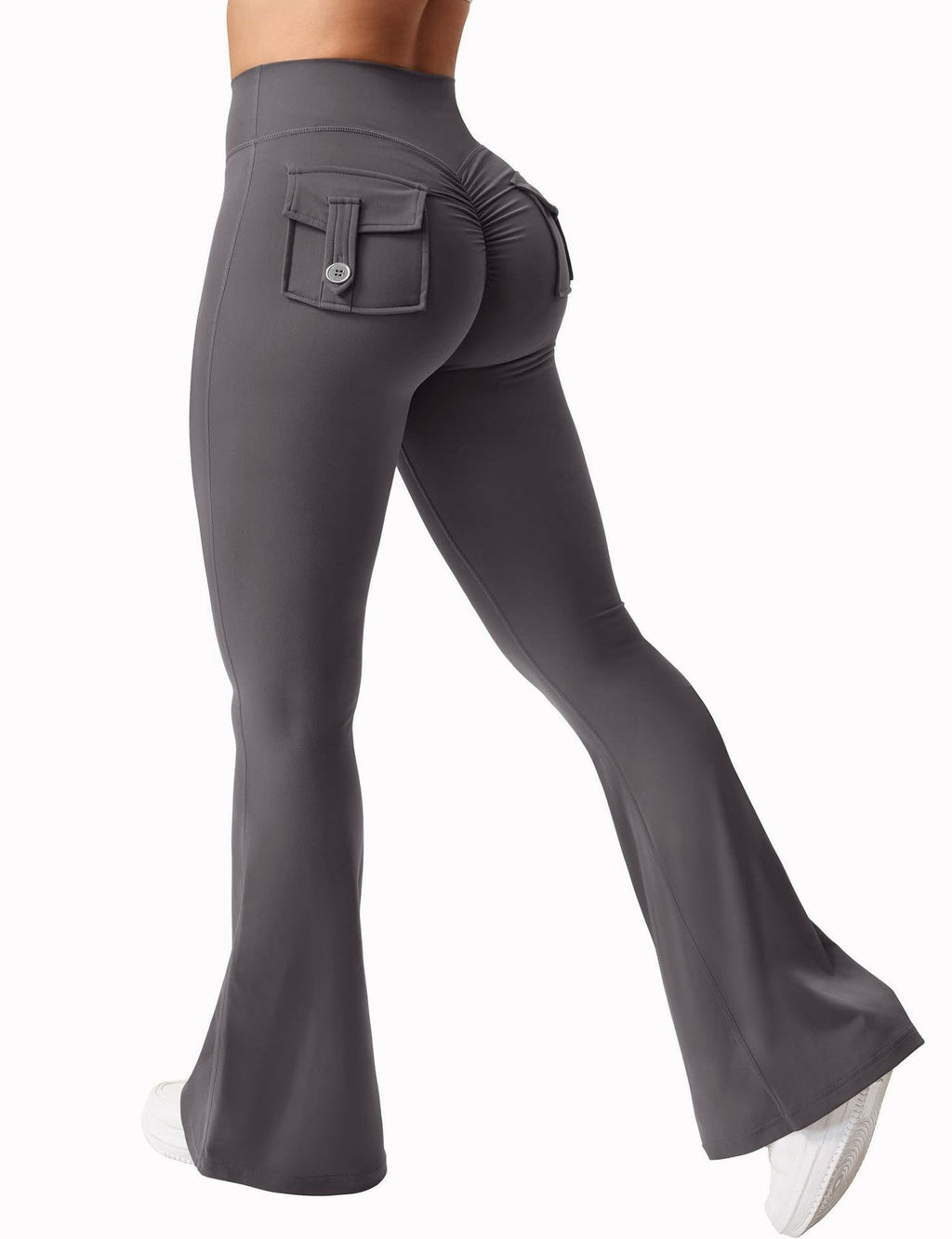 Black women's high-waisted cargo pocket workout leggings by Plush Fashion Hub, featuring a comfortable fit and functional pockets for casual wear.