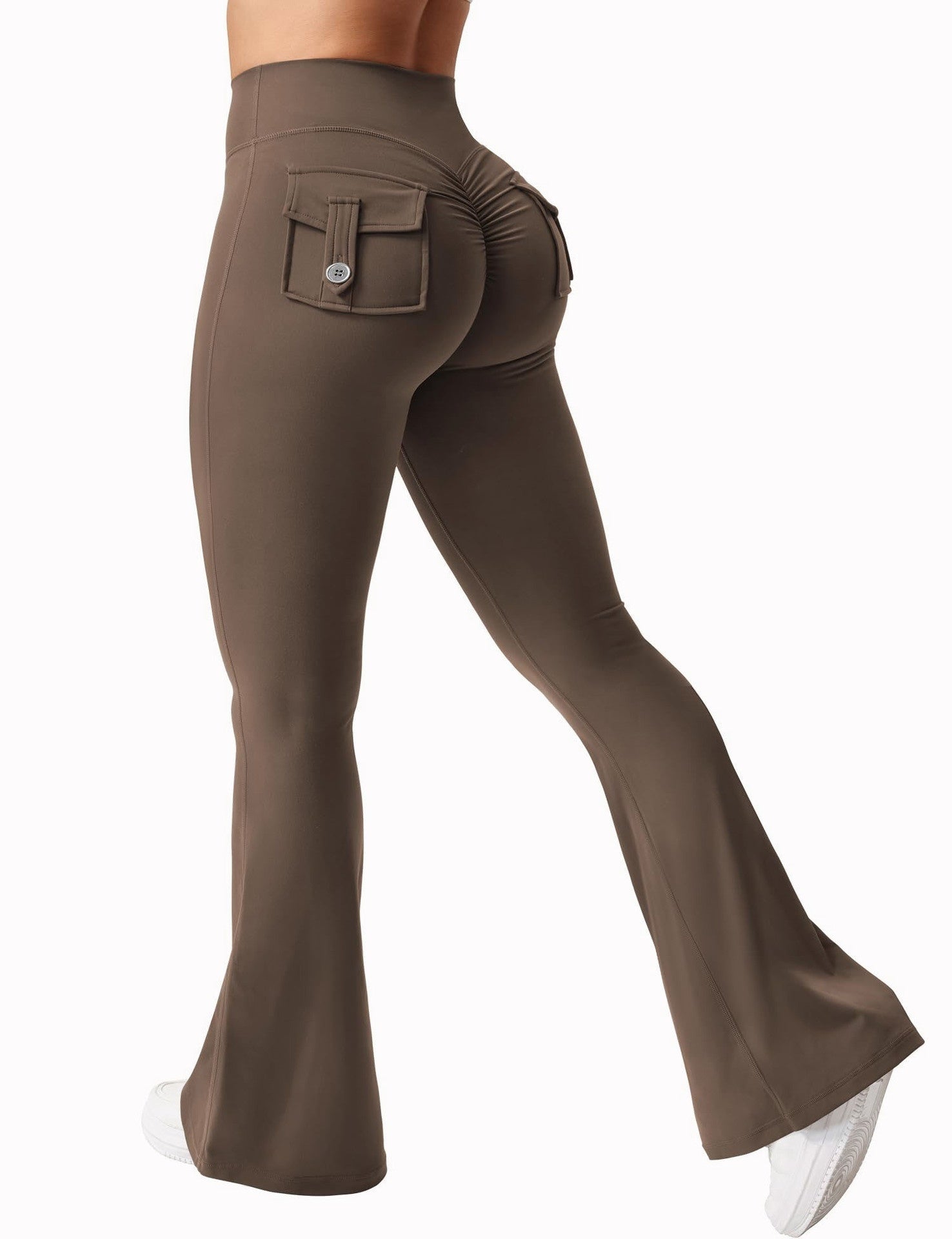 Black women's high-waisted cargo pocket workout leggings by Plush Fashion Hub, featuring functional side pockets and a comfortable fit.
