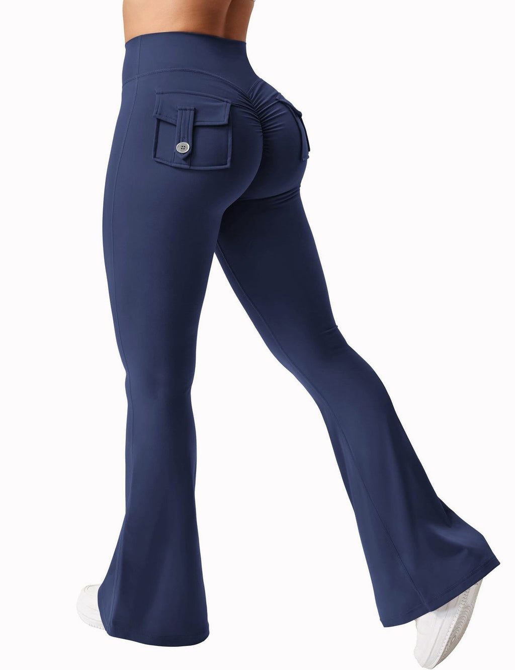 Black women's high-waisted cargo pocket workout leggings from Plush Fashion Hub, featuring a comfortable fit and functional side pockets.