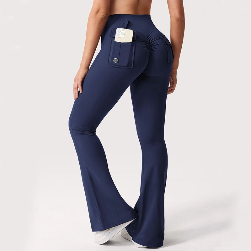Black women's high-waisted cargo pocket workout leggings by Plush Fashion Hub, featuring a comfortable fit and functional pockets.