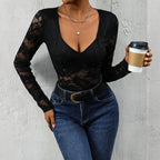 Women’s lace long sleeve bodysuit with deep V-neck, solid top in casualwear style, from Plush Fashion Hub.