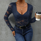 Women’s lace long sleeve bodysuit with deep V neck, solid casual top by Plush Fashion Hub, showcased on a model.