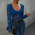 Women’s lace long sleeve bodysuit with deep V-neck, solid top from Plush Fashion Hub, ideal for casualwear.