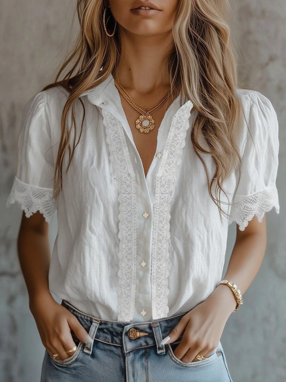 Women's lace puff sleeve loose fit top by Plush Fashion Hub, featuring delicate lace details and a relaxed casual wear style.