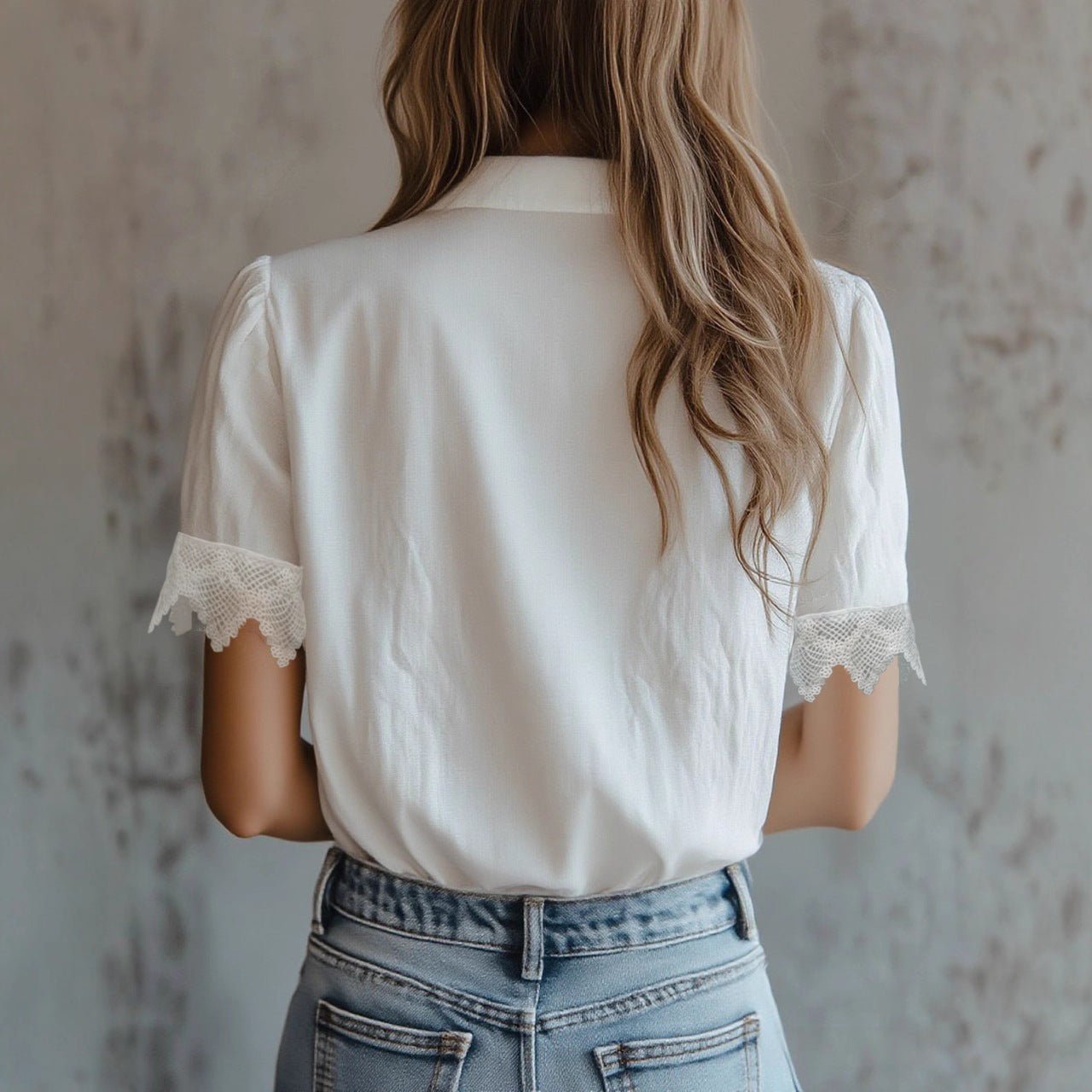 Women’s lace puff sleeve loose fit top by Plush Fashion Hub, stylish casualwear with delicate lace details and relaxed fit.