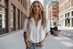 Women's lace puff sleeve loose fit top from Plush Fashion Hub, featuring delicate lace detailing and a relaxed casual style.