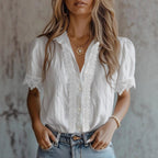 Women’s lace puff sleeve loose fit top by Plush Fashion Hub, featuring delicate lace details and casual, comfortable style.