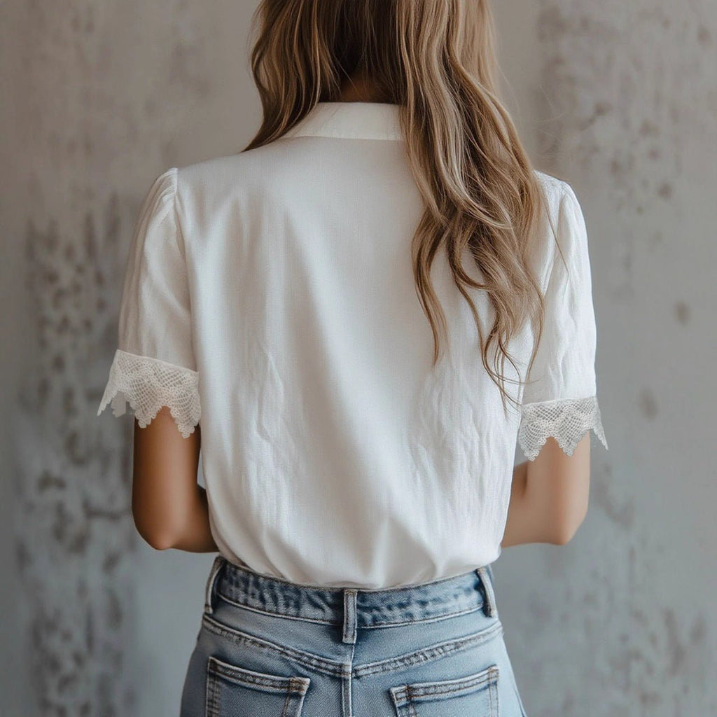 Women's lace puff sleeve loose fit top by Plush Fashion Hub, featuring delicate lace details and casual style.