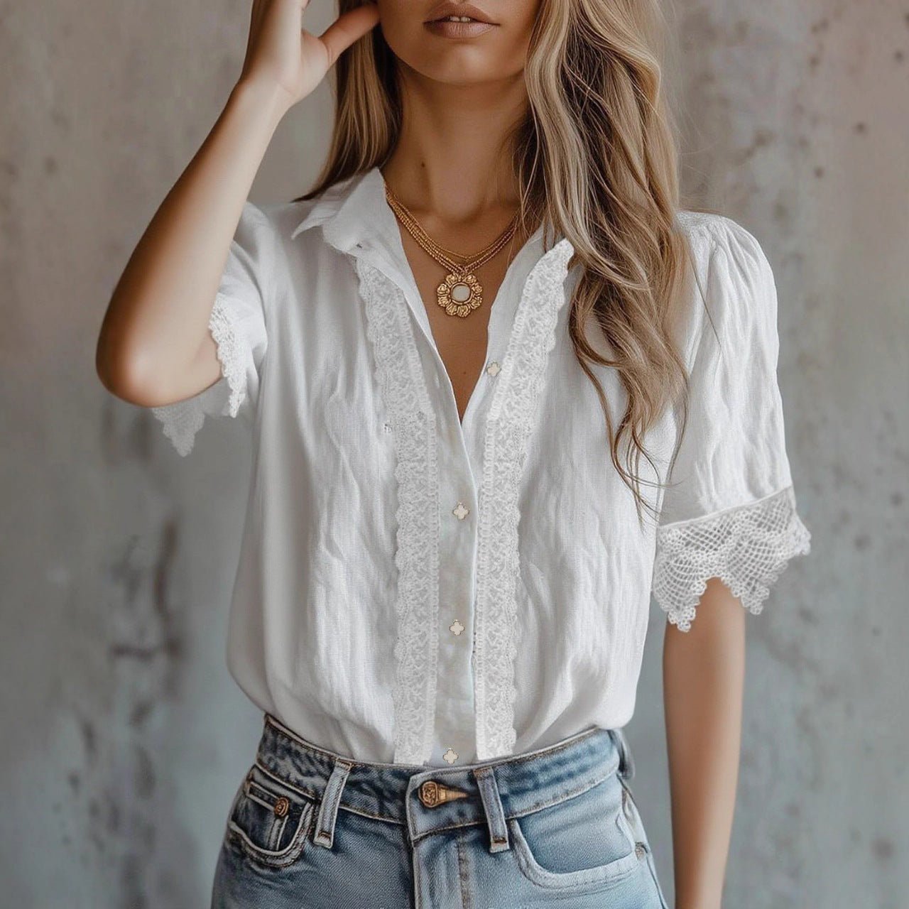 Women’s lace puff sleeve loose-fit casual top by Plush Fashion Hub, featuring delicate lace and relaxed fit for stylish comfort.