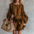 Casual women's lantern sleeve top and shorts two-piece set by Plush Fashion Hub, loose fit with relaxed style for comfortable wear.