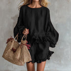 Women's loose fit lantern sleeve top and shorts two-piece casualwear set by Plush Fashion Hub, shown on a model.