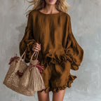 Women’s casual lantern sleeve top and shorts two-piece set by Plush Fashion Hub, loose fit, comfortable summer outfit.