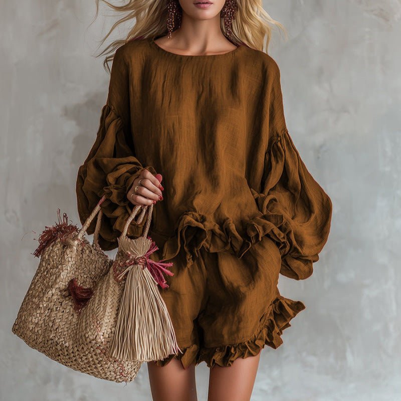 Women’s casual lantern sleeve top and shorts two-piece set by Plush Fashion Hub, loose fit, comfortable summer outfit.