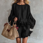 Women’s lantern sleeve top and shorts two-piece casual set in loose fit, stylish and comfortable from Plush Fashion Hub.