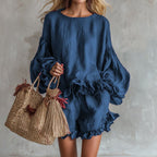 Casual women's lantern sleeve top and shorts two-piece set in loose fit, from Plush Fashion Hub. Light fabric, relaxed style.