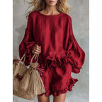 Women's loose fit lantern sleeve top and shorts two-piece casual wear set by Plush Fashion Hub, featuring comfortable and stylish design.