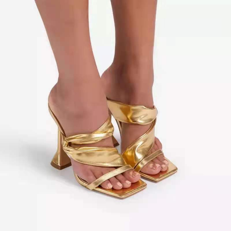 Women's large size high heel stiletto slippers with square toe in gold, featuring a stylish and elegant design.