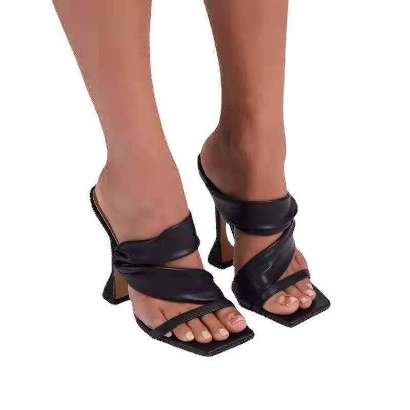Women's large size gold high heel stiletto slippers with square toe from Plush Fashion Hub. Stylish and comfortable footwear.