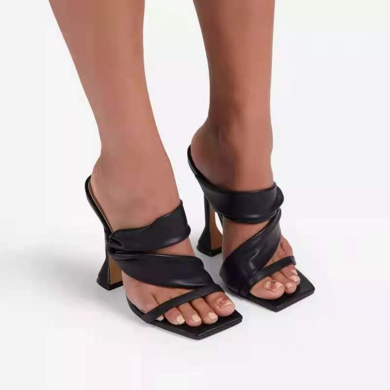 Women's large size high heel stiletto slippers with square toe in shiny gold, designed by Plush Fashion Hub.