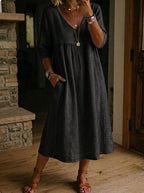 Women's linen cotton V-neck dress with lace trim, loose fit in 7 colors, casualwear by Plush Fashion Hub.