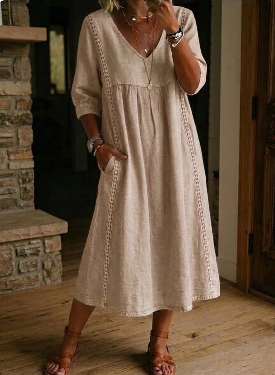 Women's V-neck casual dress by Plush Fashion Hub with lace trim and loose fit, available in 7 colors, made of linen cotton.