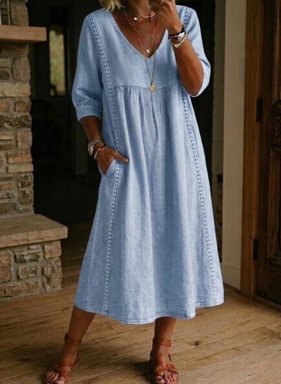 Women's linen cotton V-neck dress with lace trim and loose fit, available in 7 colors from Plush Fashion Hub.