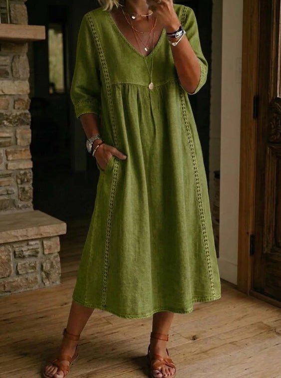 Women's V-neck casual dress by Plush Fashion Hub with lace trim and loose fit, available in 7 colors.