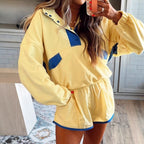 Women's long-sleeve contrast color 2-piece casualwear set with top and cropped pants by Plush Fashion Hub.
