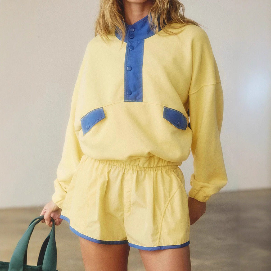 Women's long-sleeve contrast color 2-piece casualwear set with top and cropped pants from Plush Fashion Hub.