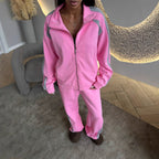 Women’s long-sleeve zip-up jacket and sweatpants two-piece set from Plush Fashion Hub, casual loungewear with comfortable fit.