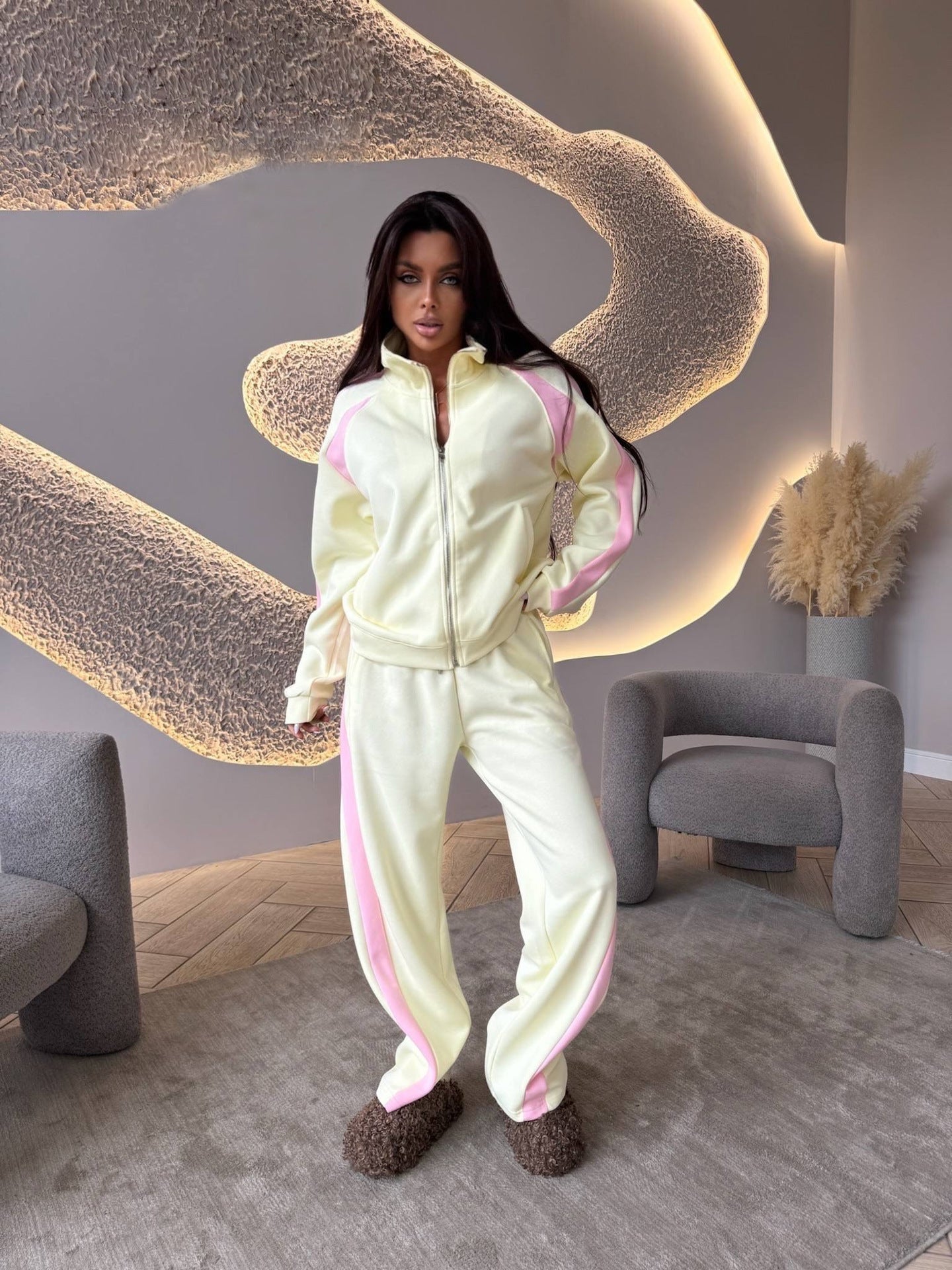 Women's long-sleeve zip-up jacket and sweatpants two-piece set by Plush Fashion Hub, casual loungewear with a comfortable fit.