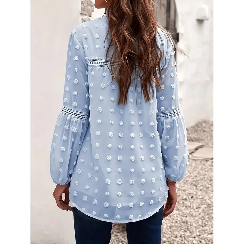 Women’s long-sleeve V-neck business casual blouse by Plush Fashion Hub, shown in a relaxed fit with a classic neckline and soft fabric.
