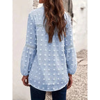 Women’s long-sleeve V-neck business casual blouse by Plush Fashion Hub, shown in a relaxed fit with a classic neckline and soft fabric.