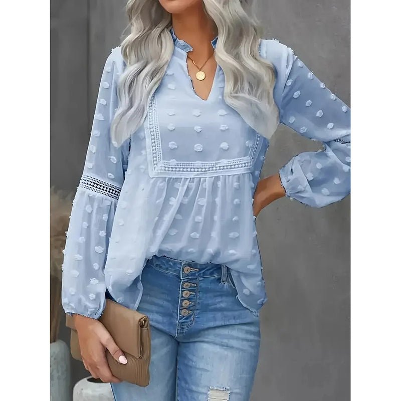 Women’s long-sleeve V-neck business casual blouse by Plush Fashion Hub, featuring a sleek design and comfortable fit.