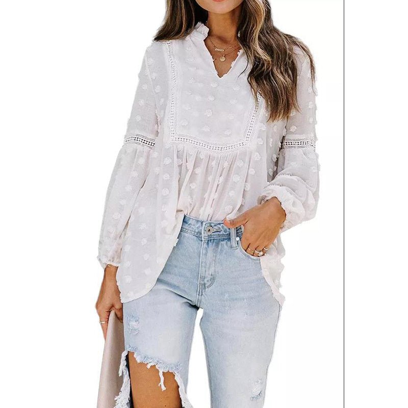 Women’s long-sleeve V-neck casual blouse by Plush Fashion Hub, featuring a relaxed fit and elegant design for business casual wear.